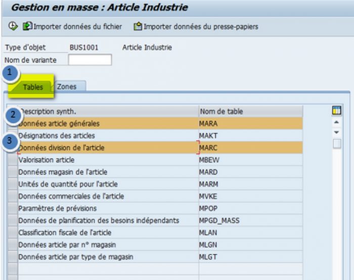 Tables fiche article SAP transaction MASS