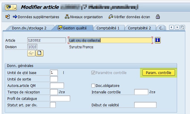 SAP Fiche article vue QM