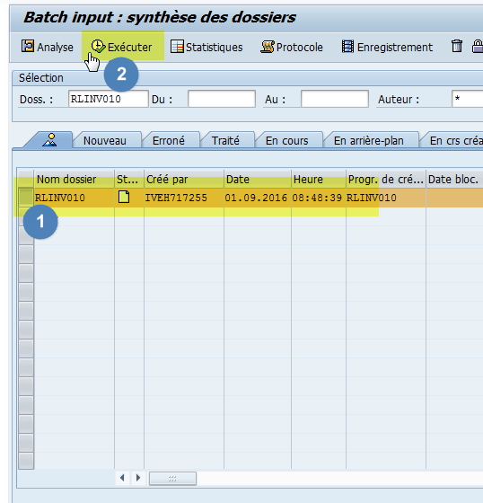 Transaction SM35 Dossier RLINV010 