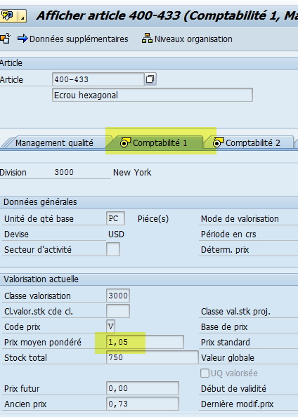 Fiche article SAP Vue comptabilité prix