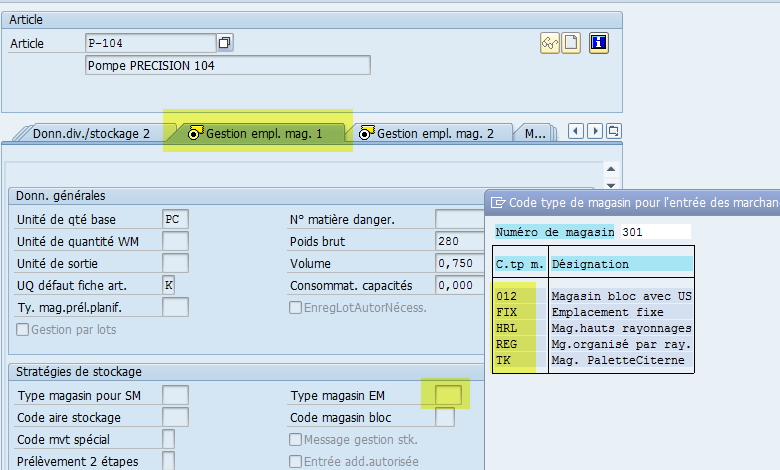 Fiche article SAP Code type de magasin