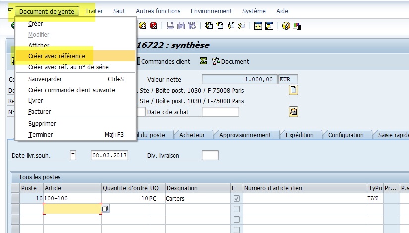 créer commande en copie SAP