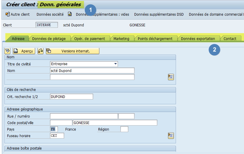 Données générales - Adresse Client SAP