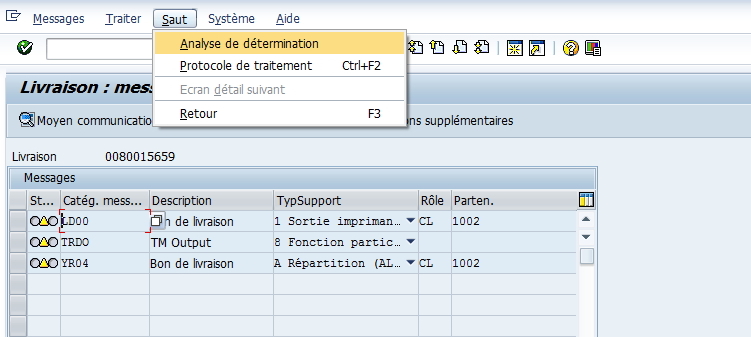 Détermination message SAP