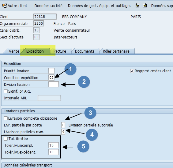 comment renseigner l'onglet expédition de la fiche client dans SAP ?