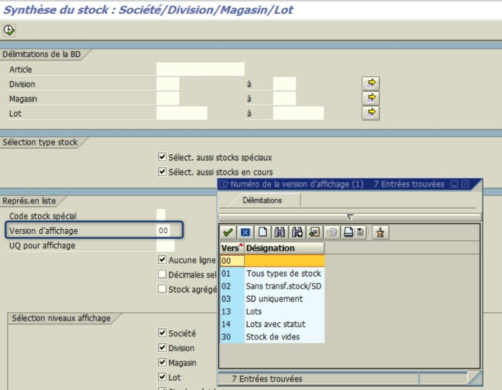 Transaction MMBE Afficher stock SAP