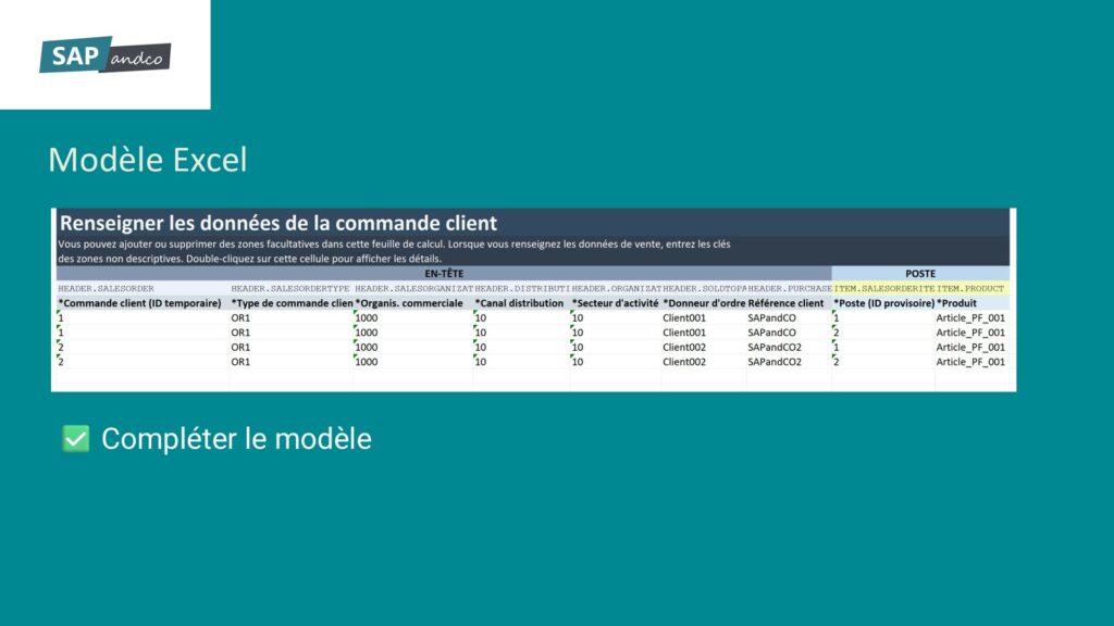 Nouveau dans S/4 Hana : créer vos commandes clients en masse ... depuis Excel ! 3 SAP S/4 : comment créer des commandes clients en masse avec Excel ? -> Etape 2 : Remplir le fichier Excel